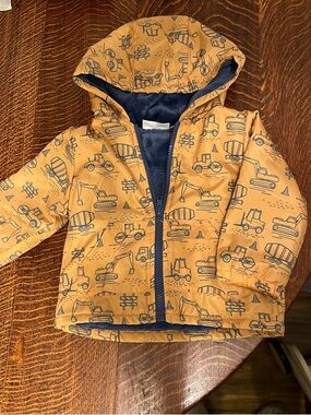 Kids Construction Print Hooded Jacket - Yellow with Cozy Navy Lining